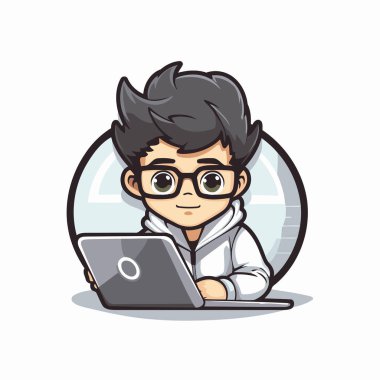 Dizüstü bilgisayar karakter tasarımlı bir öğrenci. Vektör illüstrasyonu eps10 grafiği.