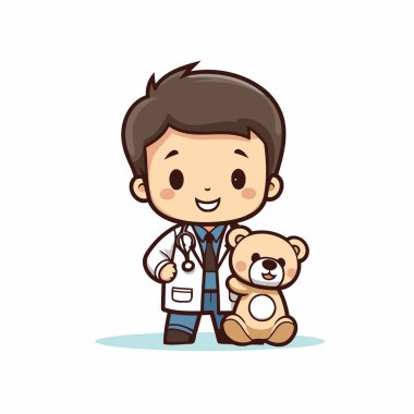 Oyuncak ayı karikatür vektör çizimi grafik tasarımı olan yakışıklı çocuk doktor.
