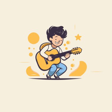 Gitar çalan bir çocuğun vektör çizimi. Sevimli çizgi film karakteri..