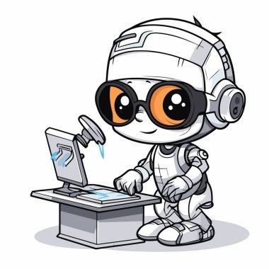 Laptop Bilgisayar Çizgi Filmi Maskot Karakterinde Çalışan Sevimli Robot