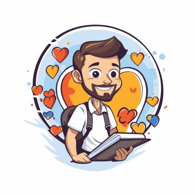 Kalplerin arka planında elinde kitap olan bir adamın vektör illüstrasyonu