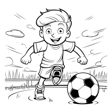 Siyah ve Beyaz Çocuk Futbol Oynuyor Çizgi Filmi ya da Boyama Kitabı İçin Futbol Oyunu