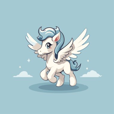Mavi gökyüzünde uçan kanatlı şirin beyaz tek boynuzlu at. Vektör illüstrasyonu