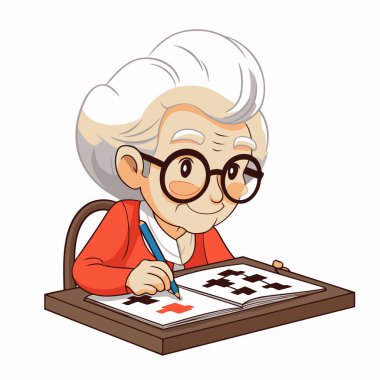 Yaşlı kadın masada oturuyor ve ödevini yapıyor. Vektör illüstrasyonu.