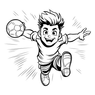 Futbolcu topla zıplıyor. Siyah beyaz vektör illüstrasyonu.