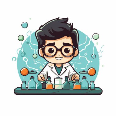 Laboratuvar karikatür karakter vektör çizimi grafik tasarımında çalışan bilim adamı çocuk.