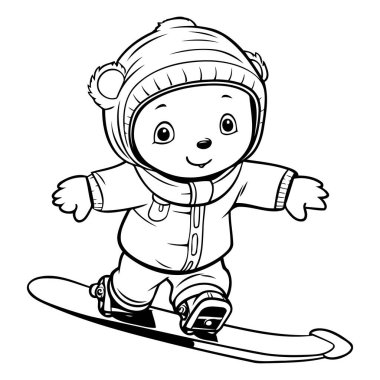 Siyah ve Beyaz Çizgi Film Karakteri Şirin Küçük Çocuk Snowboardcusu