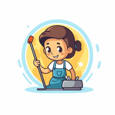 Evi paspasla temizleyen tatlı küçük bir kız. Vektör illüstrasyonu.