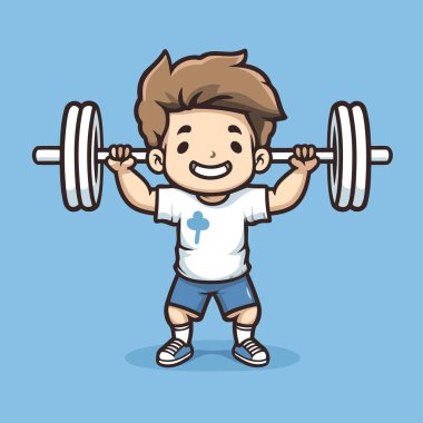 Fitness elemanı halter karikatür karakter çizimi grafik tasarımı kaldırıyor.