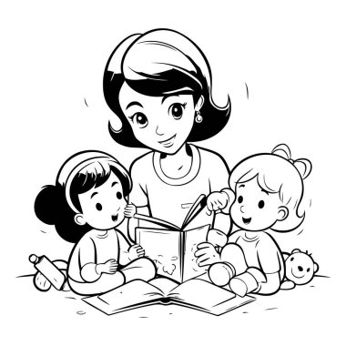 Anne çocuklarıyla bir kitap okuyor. siyah ve beyaz vektör çizimi