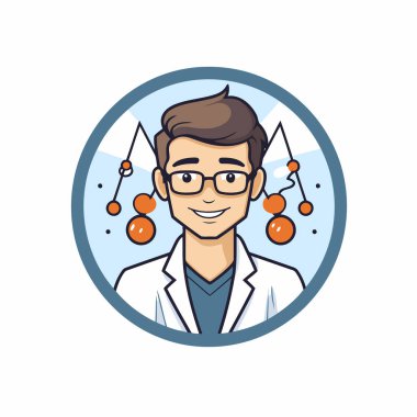 Yuvarlak ikon bilim adamı. Laboratuvar önlüğü ve gözlüklü bir bilim adamının vektör çizimi.