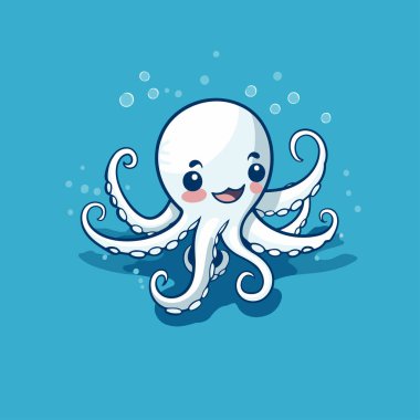 Mavi arka planda şirin bir ahtapot çizgi filmi. Vektör illüstrasyonu.