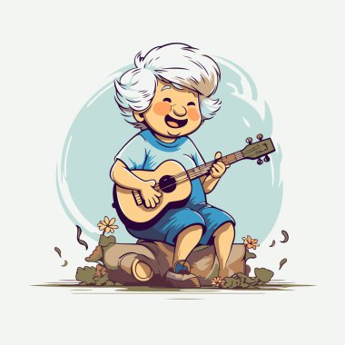 Ukulele çalan yaşlı bir kadın. Ukulele çalan bir büyükannenin vektör çizimi.