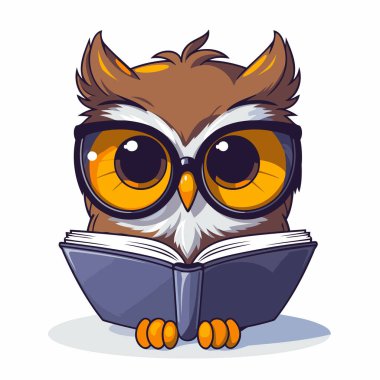 Baykuş kitap okuyor. Çizgi film vektör çizimi beyaz arkaplanda izole edildi.