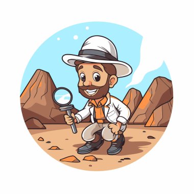 Çölde elinde büyüteçle çizgi film kaşifi. Vektör illüstrasyonu.