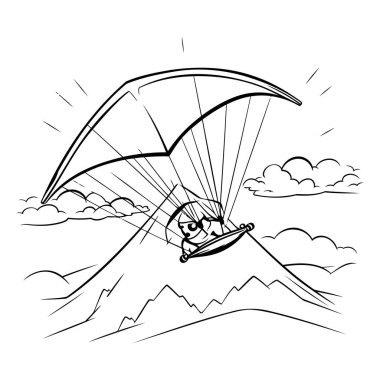 Gökyüzünde uçan paraglider. Siyah ve beyaz vektör çizimi