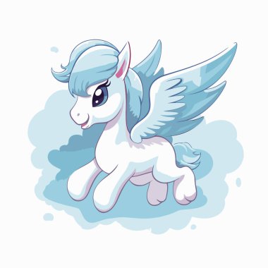 Bulutlarda uçan kanatlı şirin bir Pegasus çizgi filmi. Vektör illüstrasyonu.