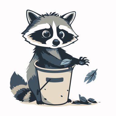 Bir kova suyun içinde oturan sevimli rakun. Vektör illüstrasyonu.