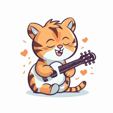 Gitar çalan sevimli bir kaplanın vektör çizimi. Beyaz arkaplanda izole.