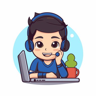 Kulaklığı ve bilgisayarı olan sevimli bir çağrı merkezi operatörü. Vektör illüstrasyonu.