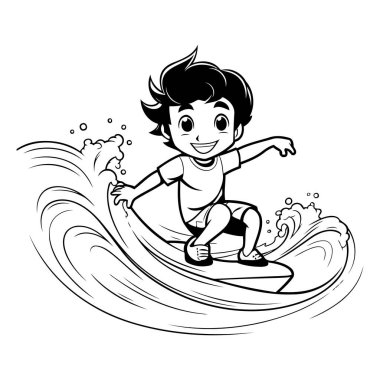 Dalgada sörf yapan bir çocuk. siyah ve beyaz vektör çizgi film çizimi.