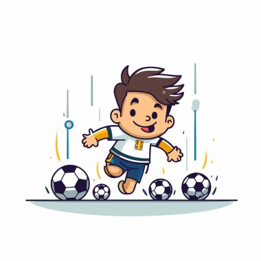 Çocuk futbol çizgi film karakteri vektör çizim grafik tasarımı oynuyor. Tebrik kartı ya da poster için ideal
