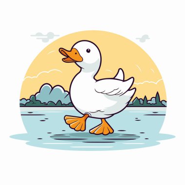 Göldeki ördek. Düz bir şekilde vektör illüstrasyonu.