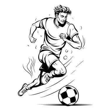 Futbolcu topla koşuyor. Siyah ve beyaz vektör çizimi.