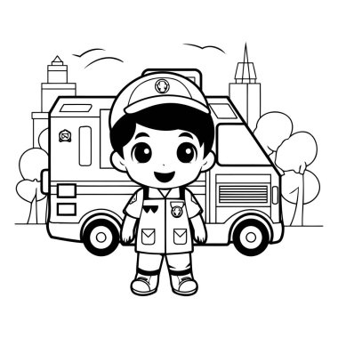 Ambulans arabalı yakışıklı itfaiyeci çocuk vektör illüstrasyon grafik tasarım vektör çizimi grafik tasarımı