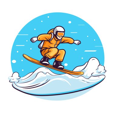 Dalgaya atlayan bir snowboardcu. Çizgi film tarzında vektör illüstrasyonu.