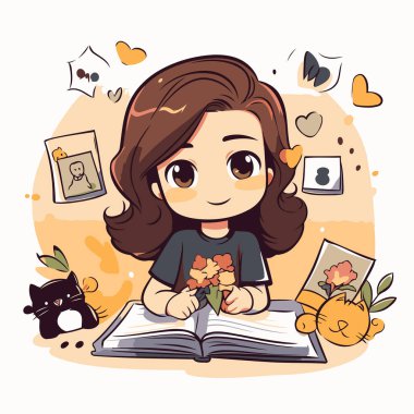 Çiçeklerle kitap okuyan sevimli küçük bir kız. Vektör illüstrasyonu.