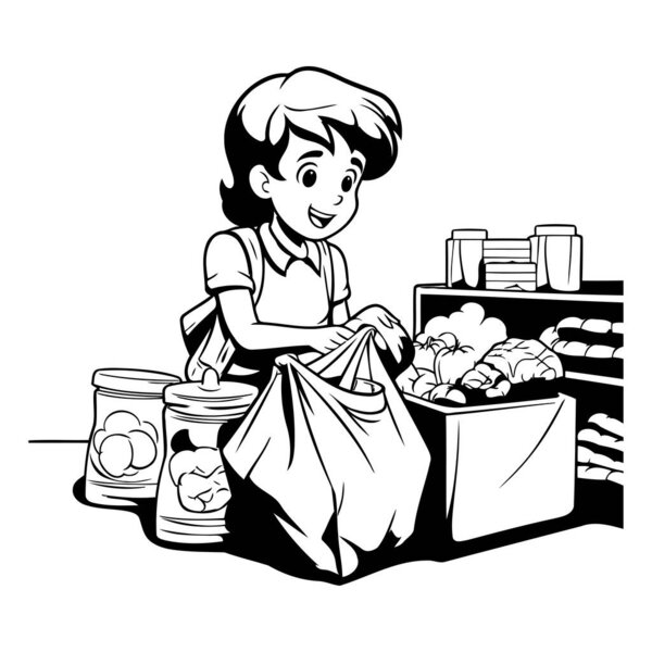 Black and white illustration of a boy with a bag of groceries.