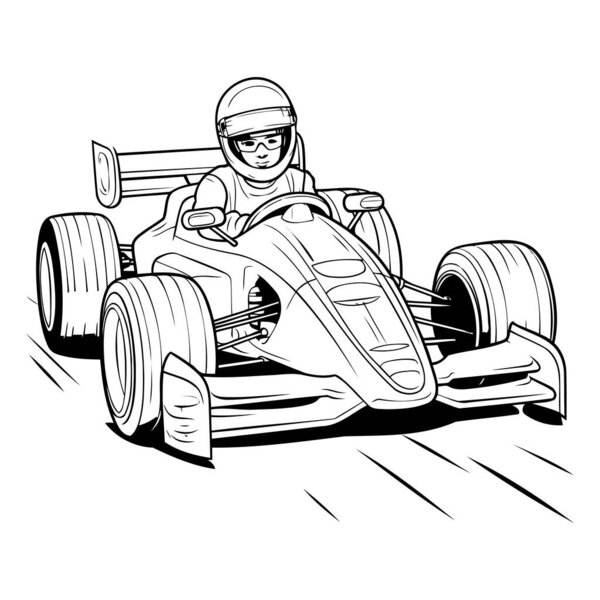Черно-белая векторная иллюстрация молодого парня за рулем гоночного автомобиля