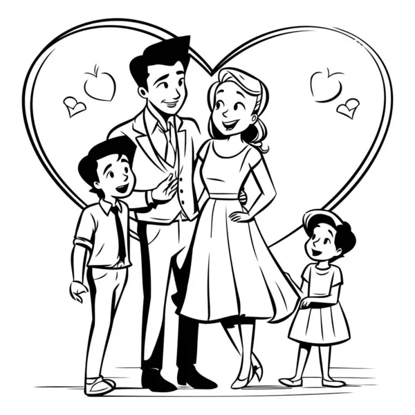 Bonne Famille Mon Père Mère Enfants Illustration Vectorielle Noir Blanc — Image vectorielle