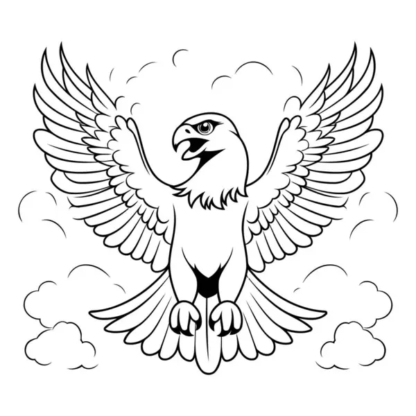 Kartal gökyüzünde uçuyor. Siyah ve beyaz vektör çizimi.