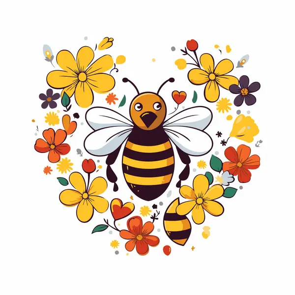 Cute Cartoon Bee Flowers Hearts Vector Illustration Eps — Stock Vector