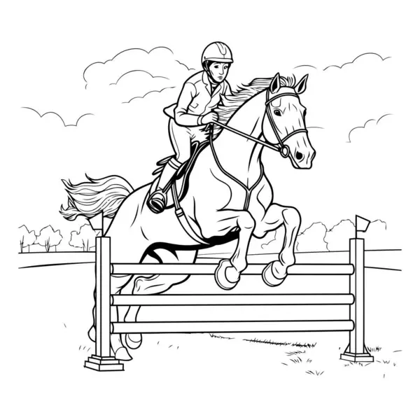 Jockey Horse Jumping Obstacles Black White Vector Illustration — Stock Vector
