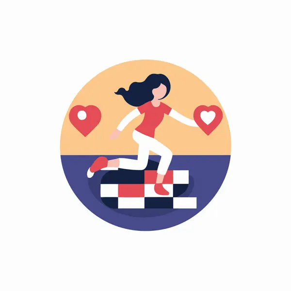 Γυναίκα Τρέχει Ένα Δρόμο Καρδιές Γύρω Εικόνα Διανύσματος Επίπεδου Στυλ — Διανυσματικό Αρχείο