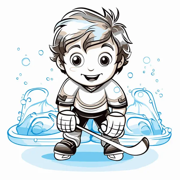Garçon Dessin Animé Jouant Hockey Sur Glace Illustration Vectorielle Enfant — Image vectorielle
