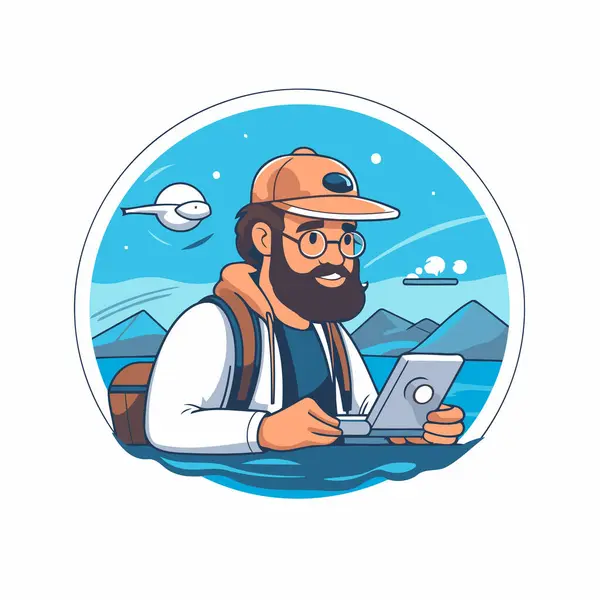 Voyageur Hippie Avec Ordinateur Portable Illustration Vectorielle Dans Style Dessin — Image vectorielle