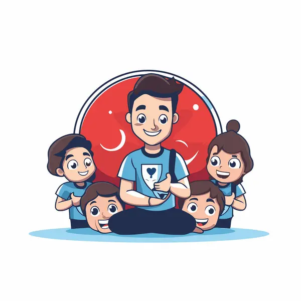 Familia Feliz Con Niños Sentados Círculo Sobre Fondo Blanco Ilustración — Vector de stock