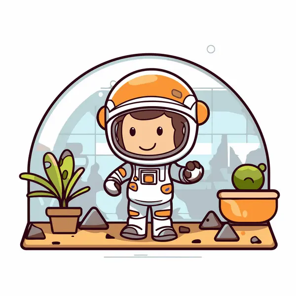 Uzay istasyonunda bir astronot. Düz tasarımın vektör illüstrasyonu.