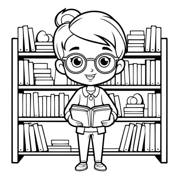 Cute Little Student Girl Bookshelf Cartoon Vector Illustration Graphic Design — Stock Vector