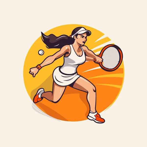 Tennisspelare Kvinna Med Racket Och Boll Vektor Illustration Tecknad Stil — Stock vektor