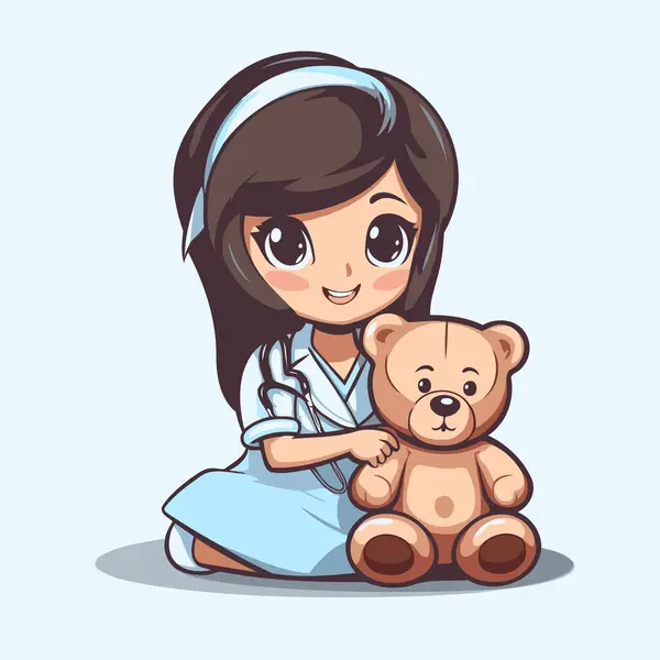 Cute Little Girl Teddy Bear Vector Illustration — Stock Vector