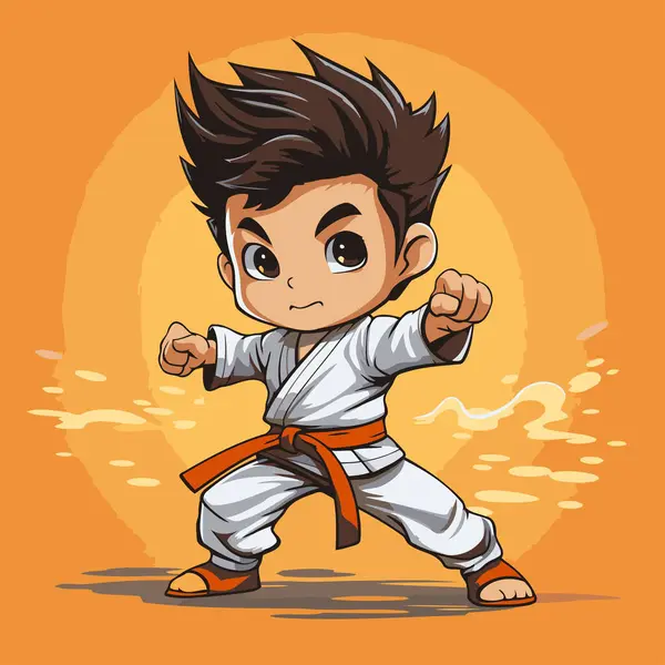 Cartoon Karate Boy Illustrazione Vettoriale Isolata Sfondo Arancione — Vettoriale Stock