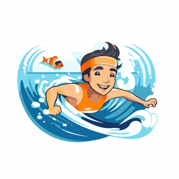 Vector Illustration Man Swimming Sea Surfboard — Stock Vector