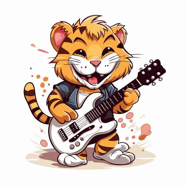 Gitar çalan sevimli bir kaplanın vektör çizimi. Tatlı çizgi film kaplanı..