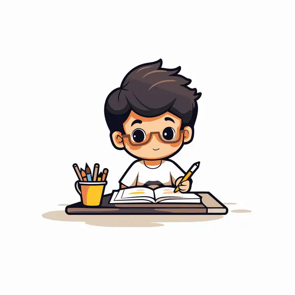 Boy Student Studying Pencil Book Vector Illustration — Stock Vector