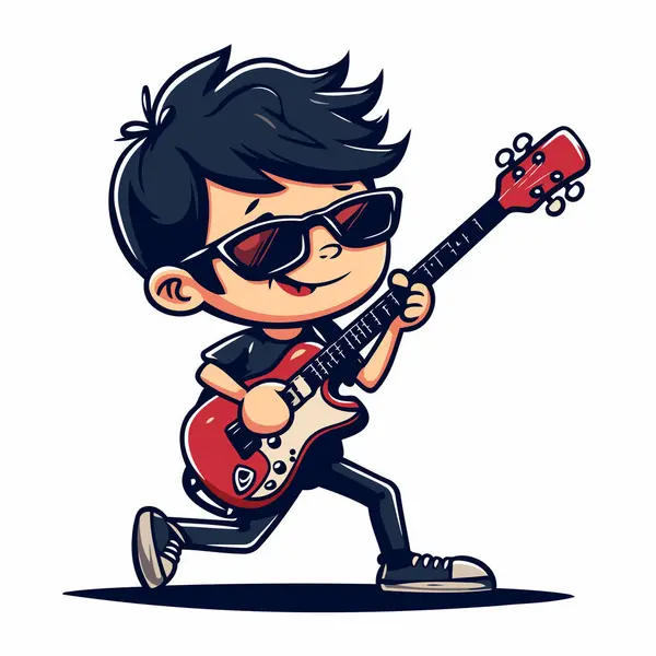 Cartoon Boy Playing Electric Guitar Vector Illustration Isolated White Background — Stock Vector